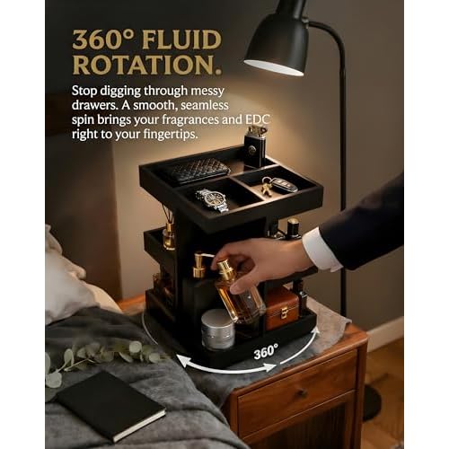 Cologne Organizer for Men - 360¡Æ Rotating Wood Perfume Organizer & Cologne Stand | 9-Compartment Dresser & Bathroom Display for His & Her Skincare | Gift for Husband & Dad (Black)