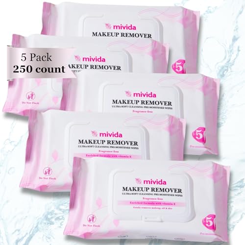 mivida Hypoallergenic Makeup Remover Wipes with Vitamin E 5x50 count Total 250 bulk makeup removing wipes | For Sensitive Skin | Fragrance Free | Alcohol Free