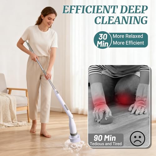 White Electric Spin Scrubber with 8 Brush Heads & Extendable Handle