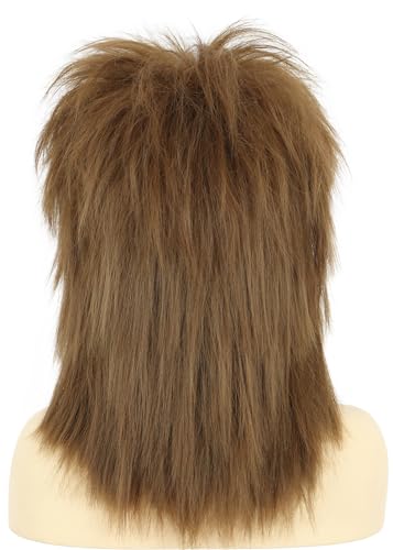 Long Curly Brown Wig with Necklace for Cosplay 70s 80s Rocker Style