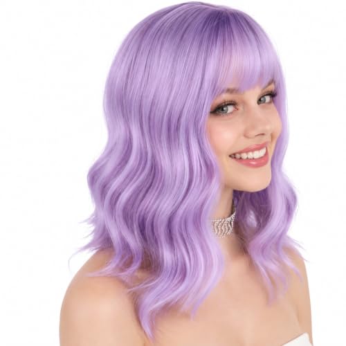 eNilecor Lavender Purple Short Curly Wavy Wig with Air Bangs - 14 Inch Synthetic Bob Hairpiece for Women