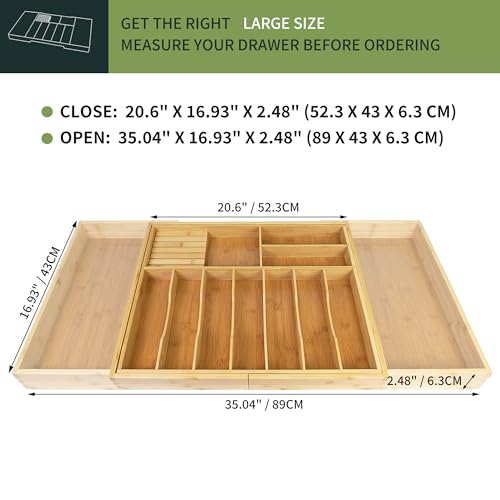 VaeFae Expandable Extra Large Bamboo Silverware Drawer Organizer with Knife Block, 20.6-35.04"