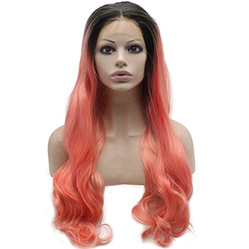 Long Black Roots Pink Synthetic Lace Front Wig - Hand Tied Heat-Resistant Hair