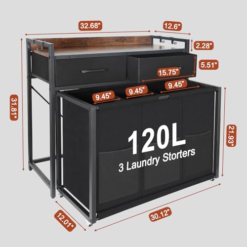 Rolling Laundry Sorter with Wheels 3-Section Hamper, 120L Capacity, with Shelves and Drawers