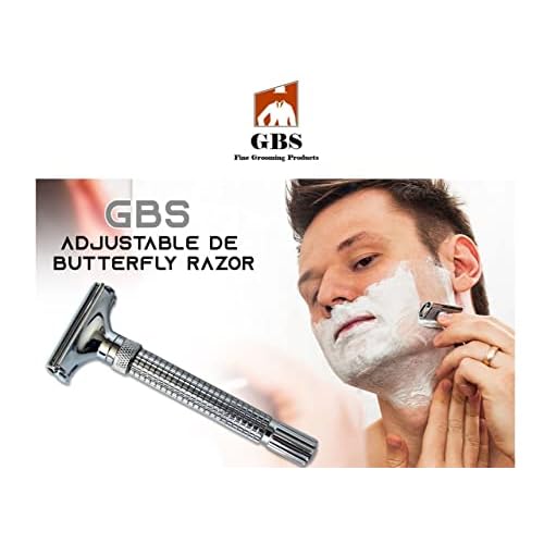 G.B.S Adjustable DE Butterfly Shaving Razor Stainless Steel Knurled Handle and 120 Count Double Edge Safety Razor Blade Variety Pack