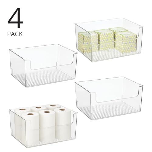 Large Plastic Open Front Storage Bins - 16 x 12 x 8 Inches, Pack of 4, Bathroom & Closet Organization