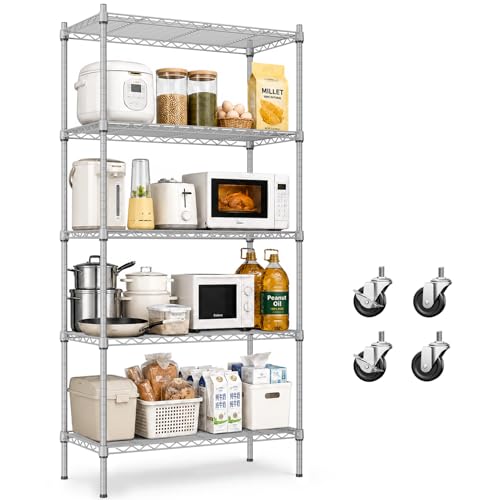 UEAKPIC 5-Tier Wire Shelving Unit Silver-Gray 29.5" W x 13.8" D x 61" H - Heavy Duty Metal Storage Rack with Wheels & Adjustable Shelves