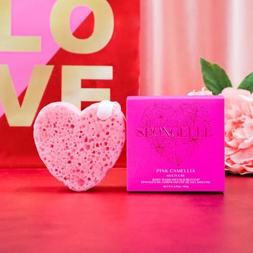 Pink Camellia Bath Sponge with Built-in Body Wash & Exfoliator - Heart Shape, 20+ Uses
