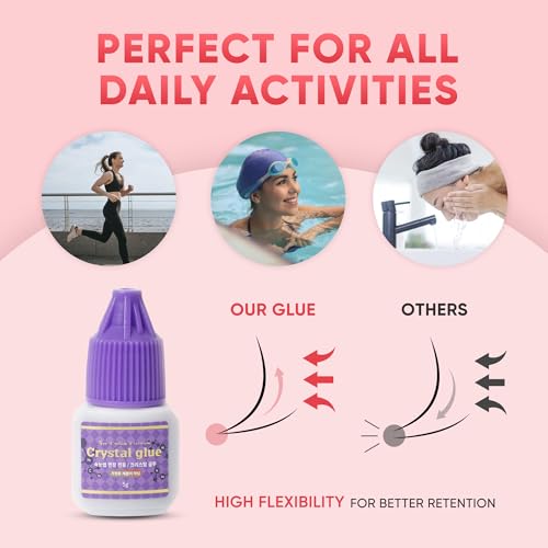 Crystal Glue for Eyelash Extension 5ml, 2-3s Drying Time, 6-7 Weeks Retention, Black Strong Adhesive, Waterproof Lash Bond, Latex Free, Professional Use Only.