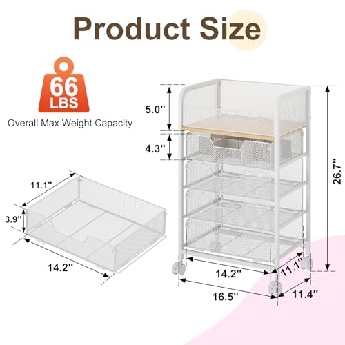 Makeup Cart Organizer with 4 Drawers, Large Floor Skincare Organizers, Vanity Storage Organizer Cosmetics Display Cases for Skin Care Perfume Nail Polish, White