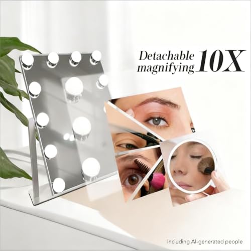 Makeup Vanity Mirror with Lights 10X Magnification - White, 12 Bulbs, 17.12"x13.77" - Variation: White 12 Bulbs