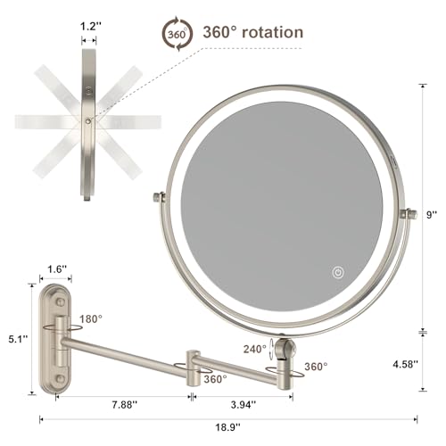 9" Wall Mounted Makeup Lighted Mirror, 4000mAh Rechargeable Double Sided LED Vanity Mirror with Height Adjustable&1X/10X Magnification, 3 Color Lights Bathroom Mirror (9INCH-Nickel)