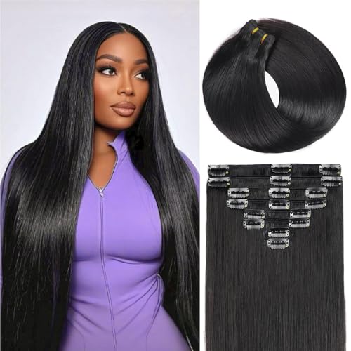 Clip in Hair Extensions Human Hair 20 Inch Natural Black 1B - Easy Styling & Long-Lasting