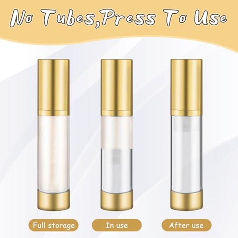 8 Pcs 50ml/1.7oz Empty Airless Pump Bottles without Straw Plastic Vacuum Bottle Refillable Cosmetic Containers for Lotion Cream Foundation,1Funnel & 1 Pipette,Golden Head