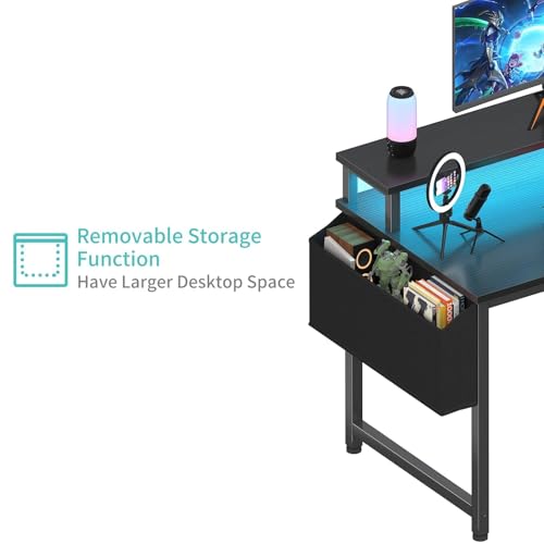 Lufeiya 39.4-Inch Gaming Desk with RGB LED Lights & Power Outlets, Monitor Stand, Black