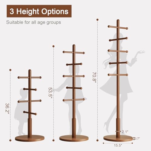 Solid Wood Coat Rack Tree with 10 Hooks, Adjustable Height Entryway Stand