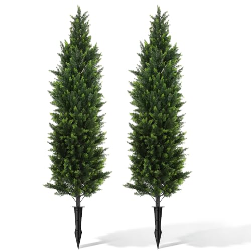Artificial Cedar Topiary Trees 5ft Set of 2 - Outdoor Greenery with Ground Spikes