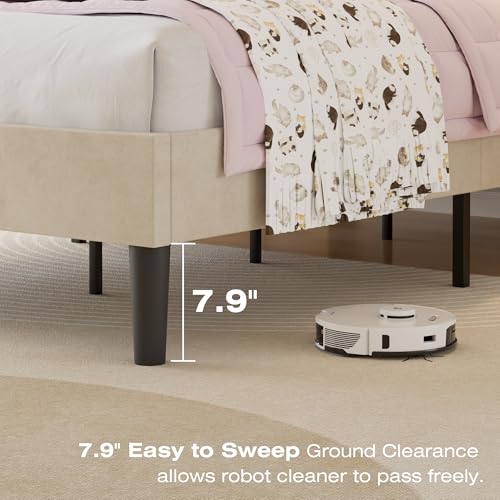 Twin Size Bed Frame with Upholstered Headboard - Pale Beige, Platform Design, Noise-Reducing, Easy Assembly