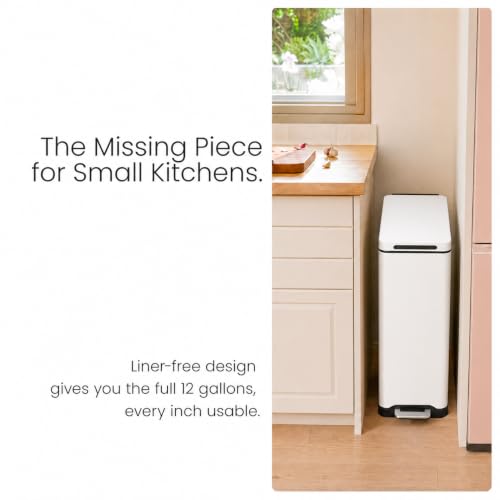 12 Gallon Slim Kitchen Trash Can with Foot Pedal and Soft-Close Lid