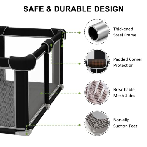 Black Foldable Baby Playpen 50x50 Inches with Mesh Walls & Mat - Portable Toddler Play Yard