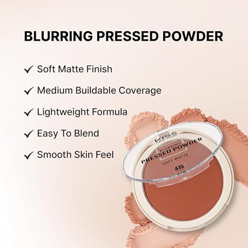 KISS NEW YORK Soft Matte Pressed Powder (Mocha) with Dual Ended Powder Brush Set, Blurring Poreless Face Powder Makeup, Medium Coverage Setting Powder Infused with Salicylic Acid & Niacinamide