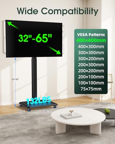 Black Portable Rolling TV Stand for 32-65 Inch Screens - Adjustable Height