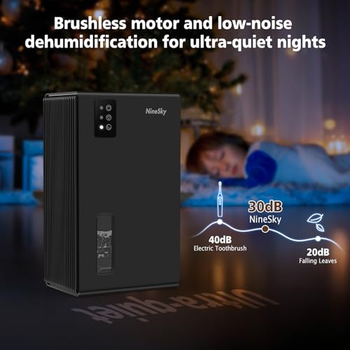 NineSky Black Dehumidifier for Home & Basement, 1000 sq.ft, 95oz Water Tank, Quiet with 7-Color Night Light
