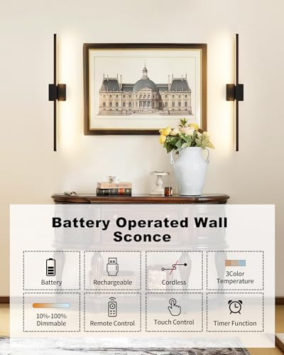 Black Battery Operated Wall Sconce Set of 2 with Remote, 8000mAh, 24 Inch
