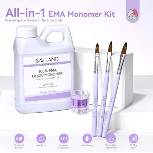 SAVILAND Advanced Monomer Acrylic Nail Liquid Kit: Pure EMA 16OZ Acrylic Liquid Low Odor Nail Monomer Liquid with 3 Pcs Acrylic Nail Brush Dappen Dish for French Nail Extension Carving DIY Home 500 ml