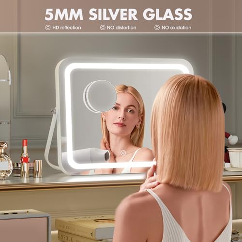 Hasipu Vanity Mirror with Lights, 18" x 14" LED Makeup Mirror, 3 Modes Light, Smart Touch Control Dimmable, 360¡ÆRotation, Rectangle White Frame, with 5X Magnifying Glass