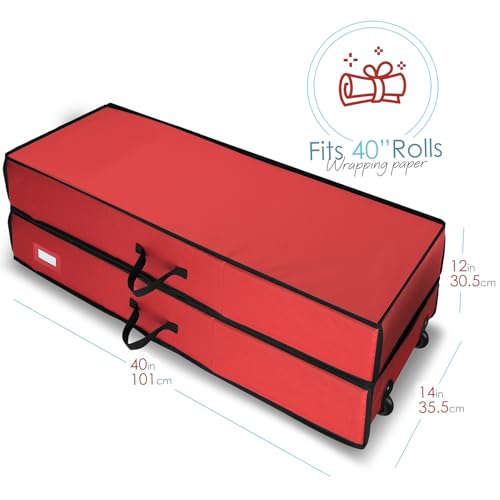 Extra Large Wrapping Paper Storage Container with Ribbon Dispenser and Wheels - Red, Fits 30 Rolls of 40"