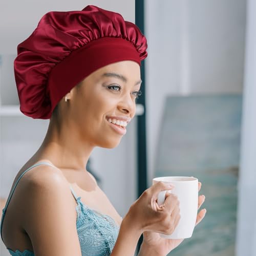 Wheebo Burgundy Satin Bonnet Hats for Women - Pack of 12, Hair Protection & Sleep Caps