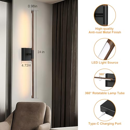 Walnut Black Battery Operated Wall Sconce Set of 2 - 24 Inch with Remote, Dimmable & Adjustable