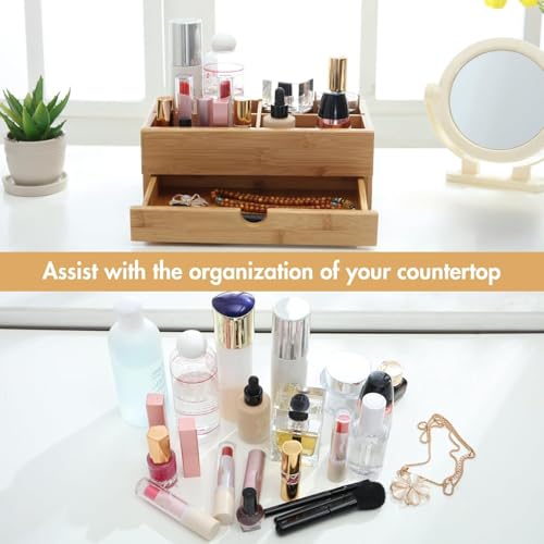 GOBAM Makeup Storage Drawer Organizer Bamboo Wood Cosmetic Display Box, Large Capacity Bathroom Beauty Countertop Organizer, Great for Bathroom Dresser