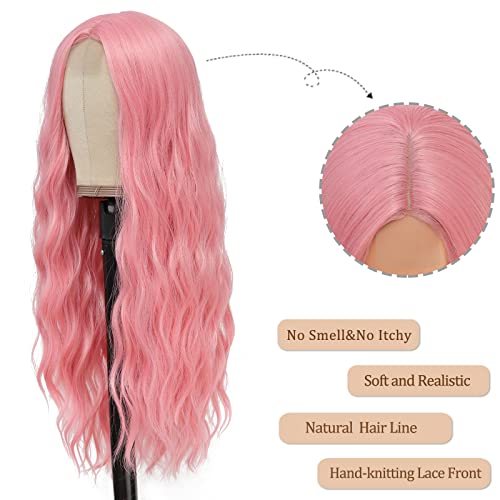 Long Pink Wavy Wig for Women 26 Inch Pastel Pink Hairpiece with Realistic Hairline - Variation of Pink