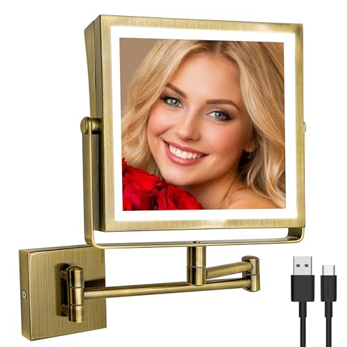 Ruacq Wall Mounted Makeup Mirror with Lights 1X/10X - Antique Brass