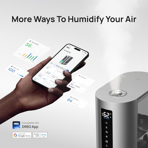 DREO 6L Smart Humidifier for Large Bedrooms - Silver, Warm & Cool Mist