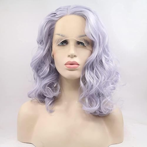 Short Curly Lavender Lace Front Wig 14 Inch Synthetic Heat-Resistant Hair for Women & Drag Queens - Lilac