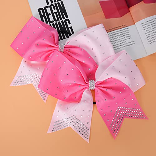 DEEKA Pack of 10 Large Cheer Hair Bows 8" with Rhinestones for Girls, Softball & Cheerleader Sports - Light Pink/Hot Pink