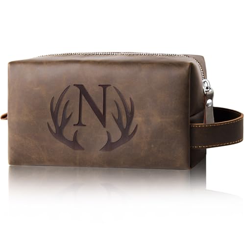 Travel Toiletry Bag for Men Personalized Groomsmen Proposal Gift Idea Bachelor Party Favor Monogrammed Initial Letter PU Leather Waterproof Shaving Bag Travel Essentials Storage Bags (N)