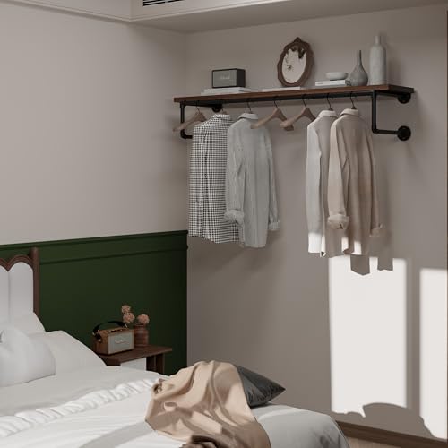 48-Inch Wall Mounted Clothes Rack with Walnut Wood Shelf - Heavy Duty Garment Organizer