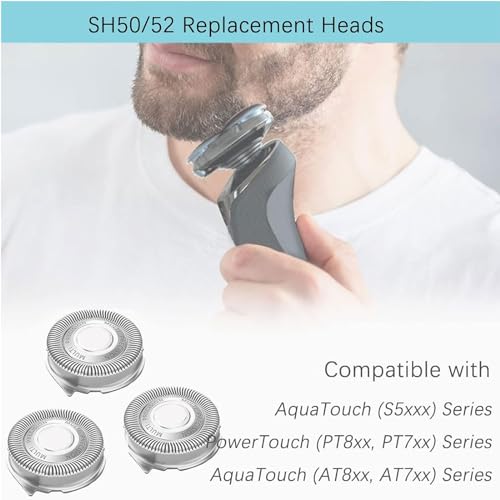 SH50/52 Replacement Heads Compatible with Philips Series 5000 Electric Shavers, SH50 Blades Heads Compatible with Norelco Series 5000 Razors PT8xx, PT7xx, AT8xx, AT7xx, 6 Pack with Brush