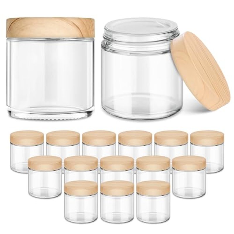 16 Pack 4 OZ Glass Jars with Lids, Small Glass Containers with Plastic Woodgrain Lids & Inner Liners, Reusable Travel Containers for Creams, Makeup, Lotion, Cosmetic, Ointment