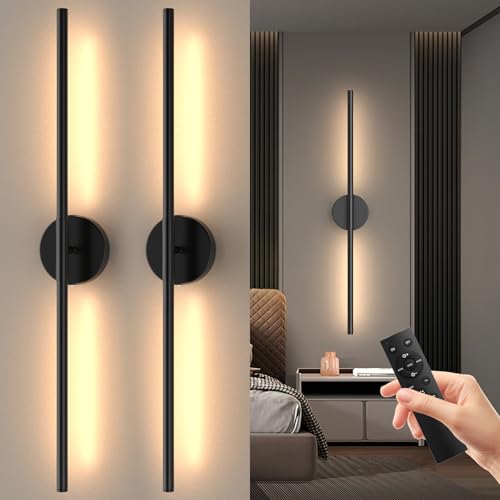 Black 32 Inch Rechargeable Wireless LED Wall Sconce Set of 2 with Remote, Dimmable & Rotatable