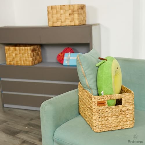 Large Wicker Storage Baskets Set of 3 - Water Hyacinth Organizer with Handles, Traditional Pattern