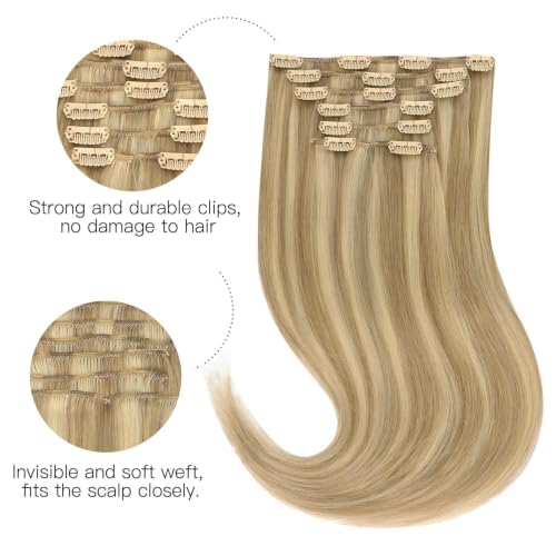 Hotbanana Ash Tone 16-Inch Clip-in Hair Extensions - Light Blonde Highlights, 120g, 7pcs