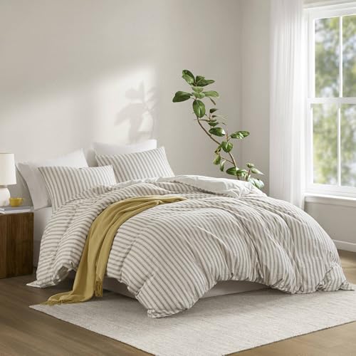 Madison Park Queen Duvet Cover Set Tan Linen Cotton Rayon Blend Stylish Bedding