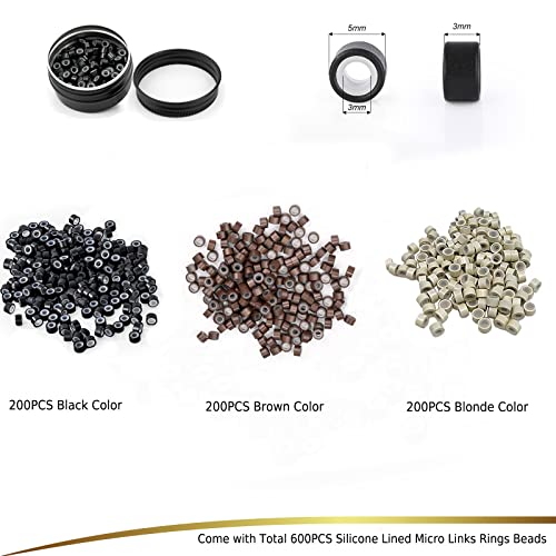 EHDIS Black Hair Extension Beading Tool Kit 600PCS Micro Silicone Beads & Pliers