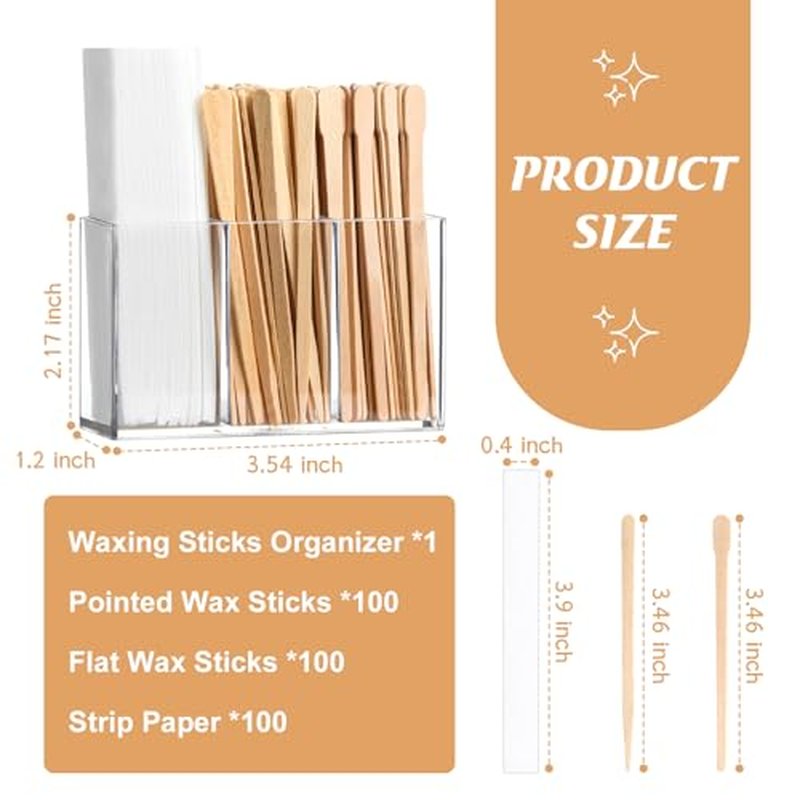 300 Pcs Eyebrow Wax Sticks and Strips Wax Applicator Sticks with 3 Compartments Wax Strips Organizer Flat Waxing Spatulas Small Eyebrow Strip Paper for Lip Nose Body