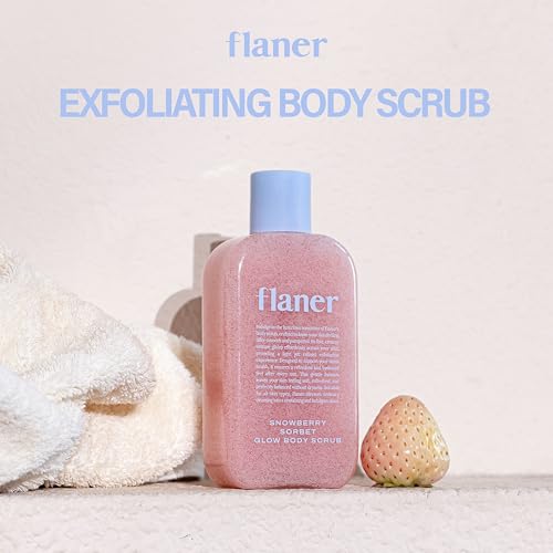 FLANER Snowberry Sorbet Glow Body Scrub ? Gentle Exfoliating Scrub, Brightening & Hydrating Formula with 9,800ppm of White Strawberry Water and Niacinamide, Korean Body Wash for Silky Soft Skin